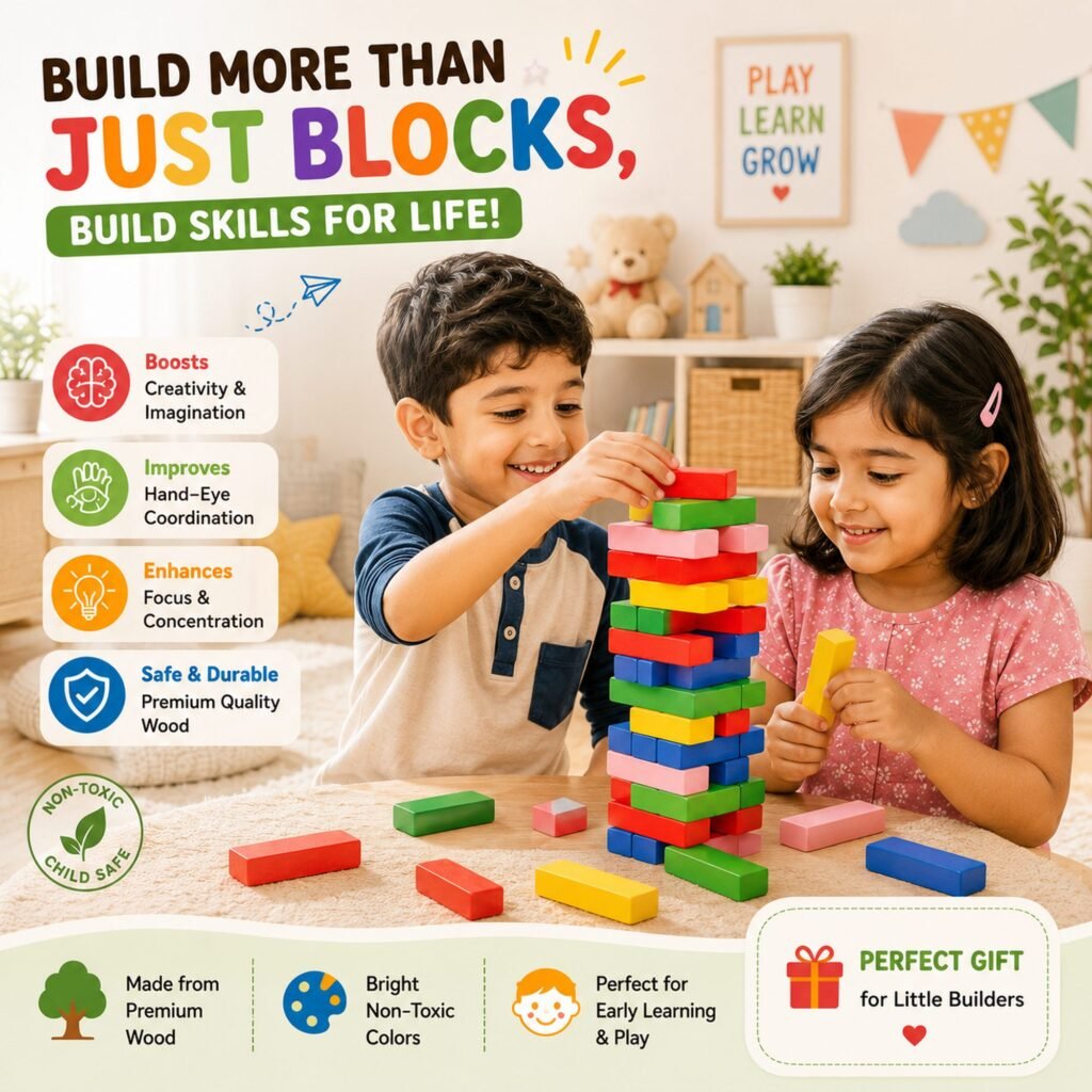 Zigbo Fun Zenga Wooden Stacking Tower Game – Multicolour Blocks