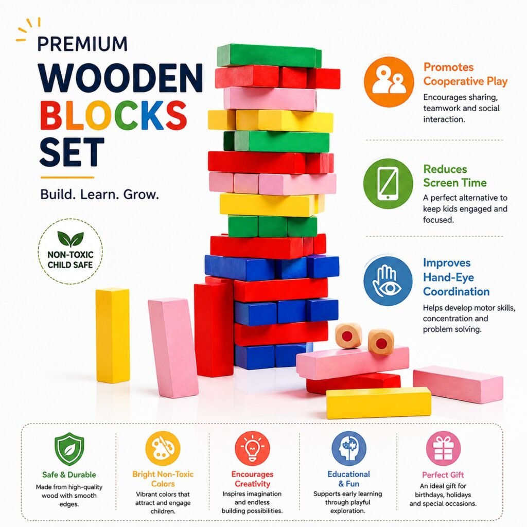 Zigbo Fun Zenga Wooden Stacking Tower Game – Multicolour Blocks
