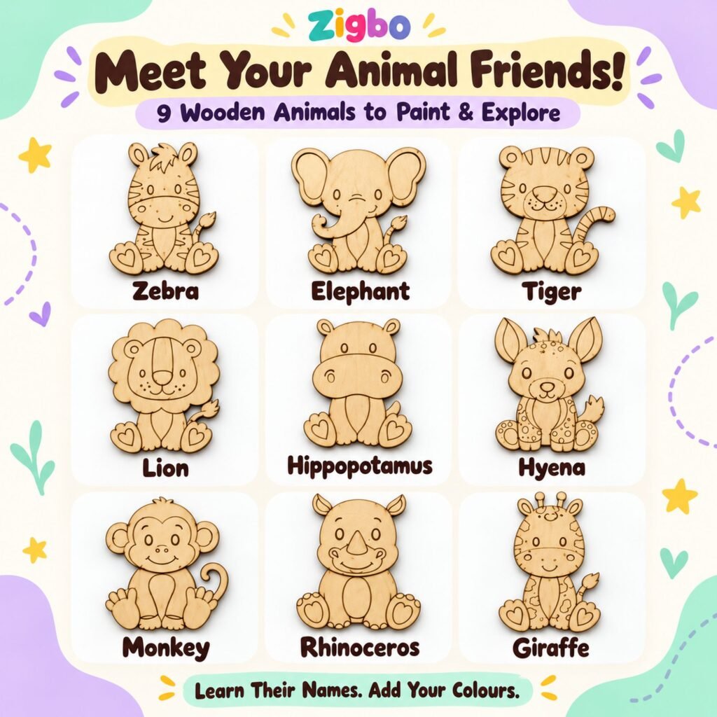 Animal Painting Kit for Kids – 9 Wooden Animals | Zigbo