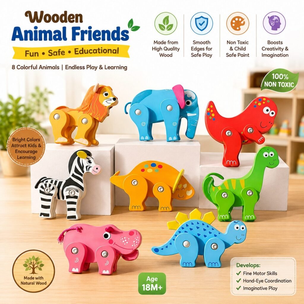 Wooden Animal Friends – 8-Piece Animal & Dinosaur Toy Set