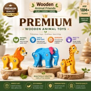Eight colourful wooden animal and dinosaur figures with jointed legs on a white background