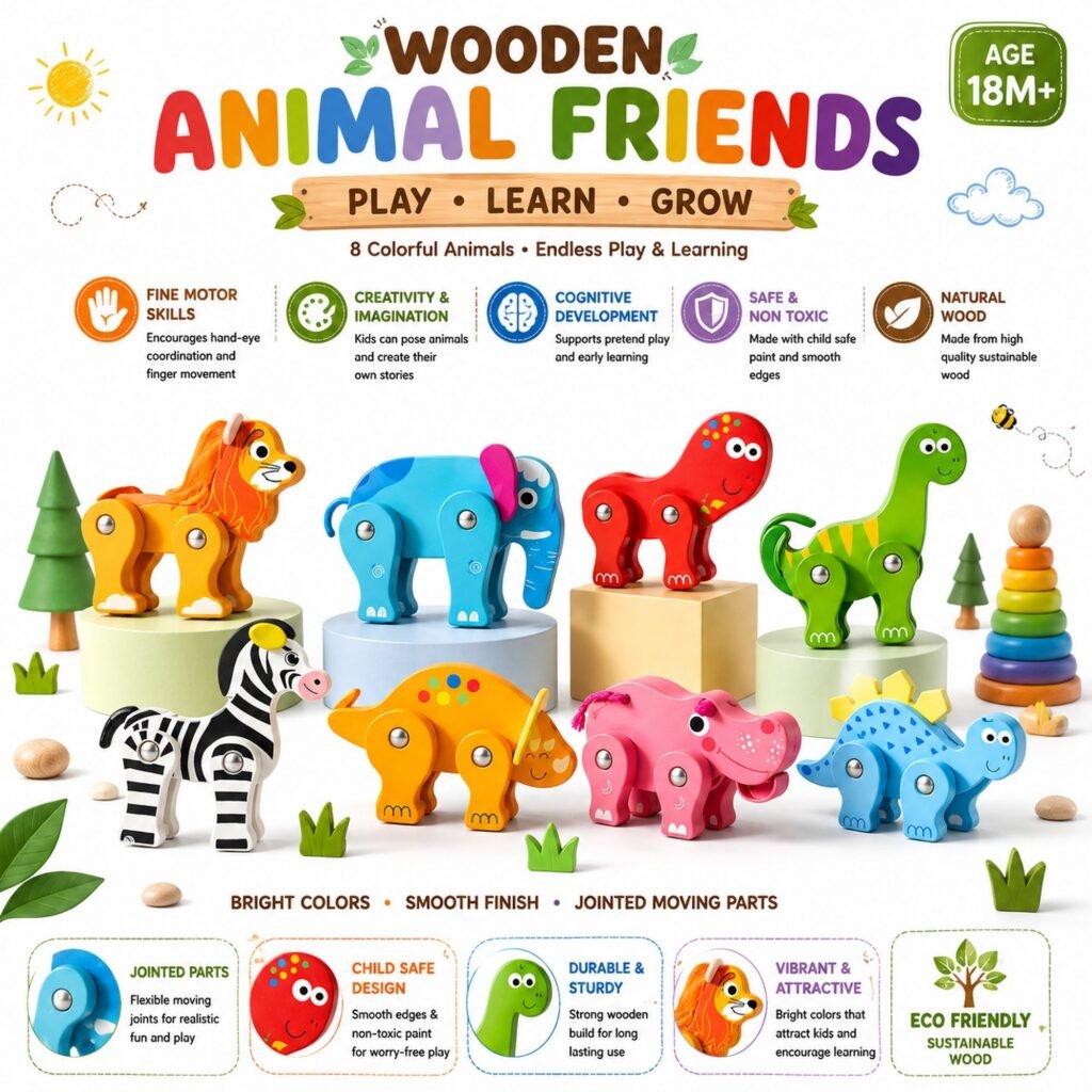 Wooden Animal Friends – 8-Piece Animal & Dinosaur Toy Set