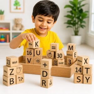 Wooden learning blocks stacked beside a wooden tray, showing letters, numbers, words and pictures
