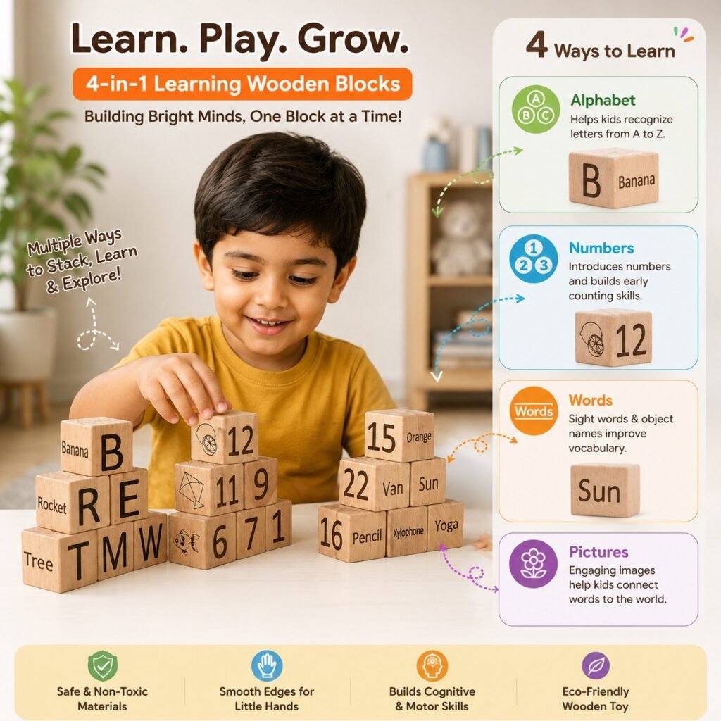 4-in-1 Wooden Learning Blocks  | 30 Pieces for Ages 3+