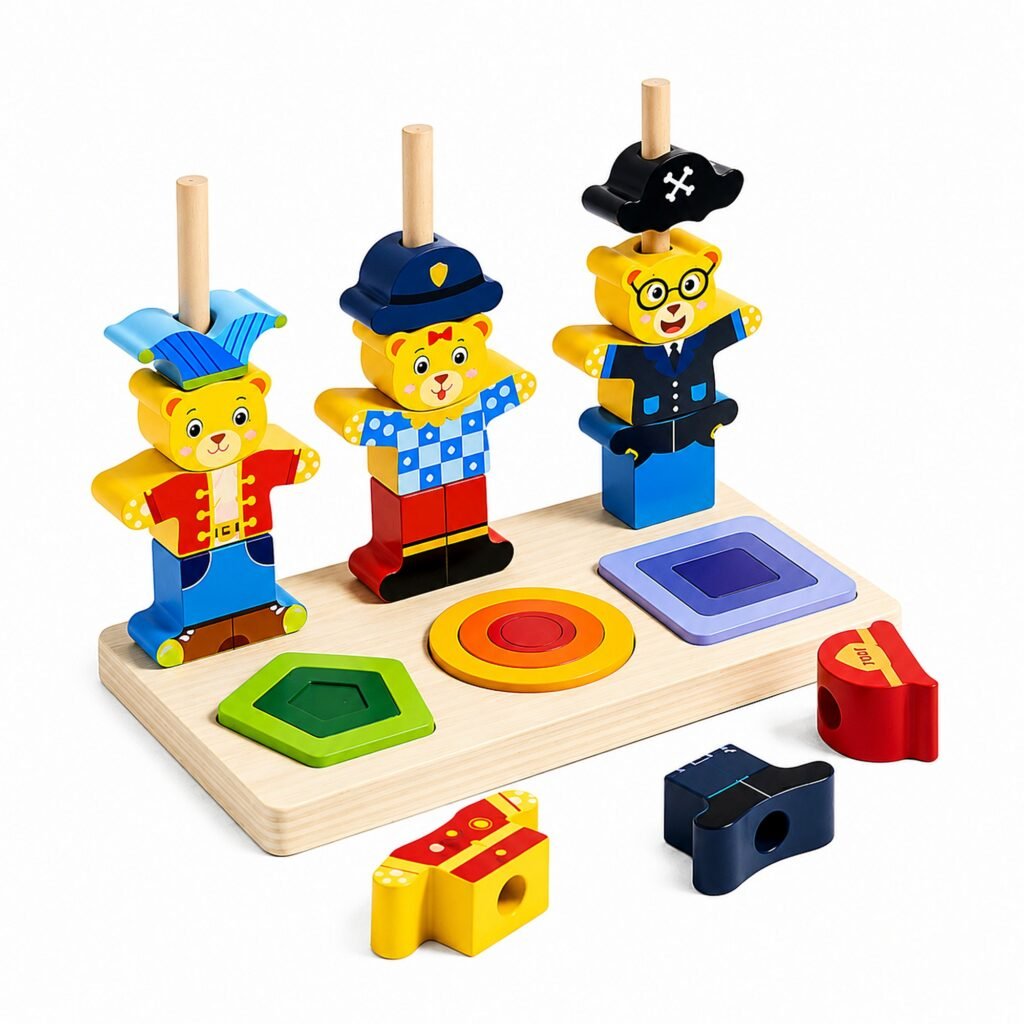Zigbo Fun Little Bear 2-in-1 Wooden Stacking & Shape Matching Toy – 3+ Years