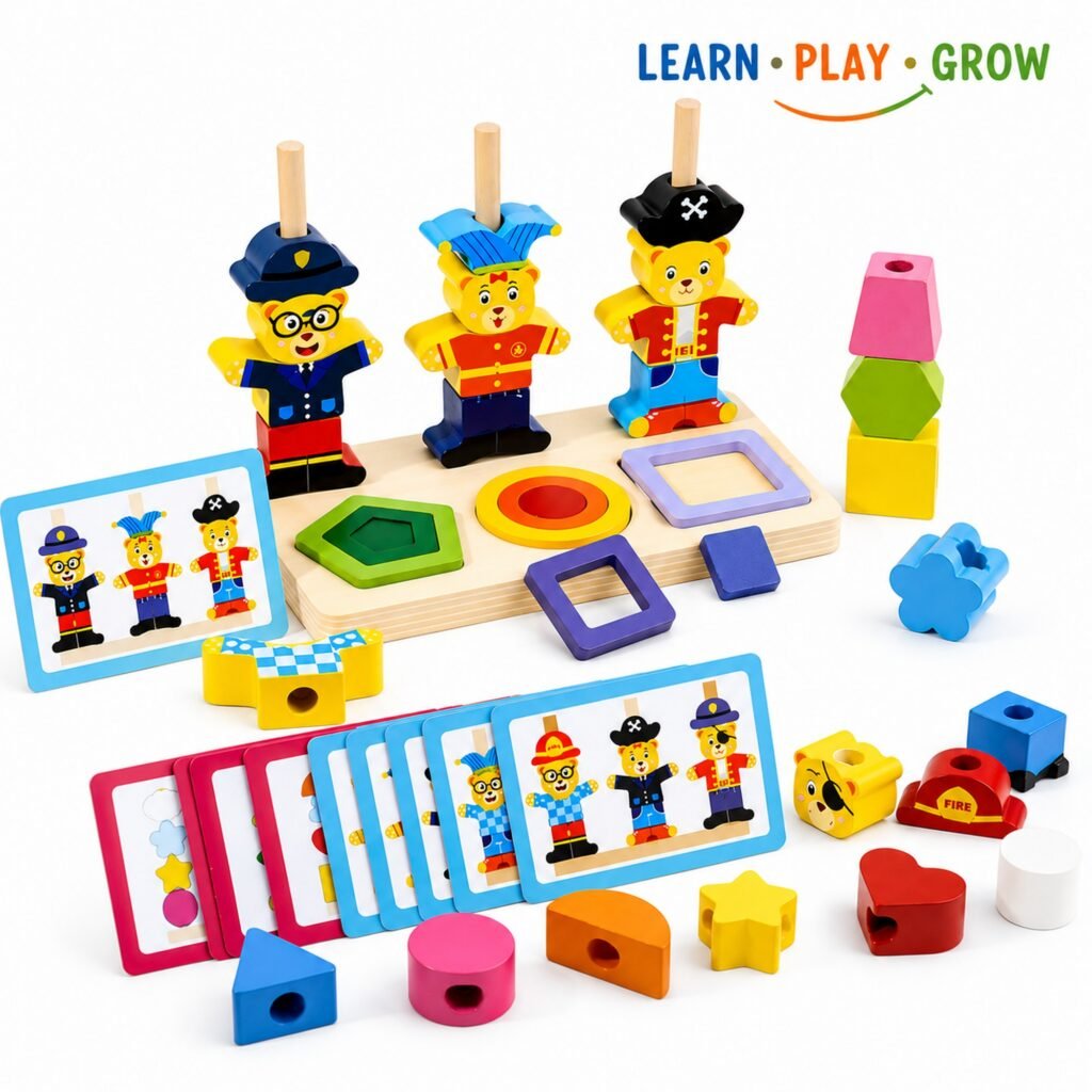 Zigbo Fun Little Bear 2-in-1 Wooden Stacking & Shape Matching Toy – 3+ Years