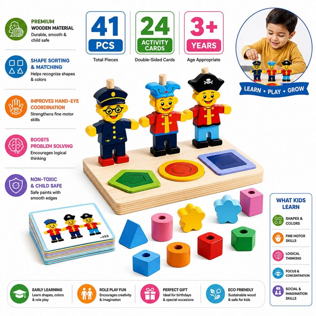 Zigbo Fun Little Bear 2-in-1 Wooden Stacking & Shape Matching Toy – 3+ Years