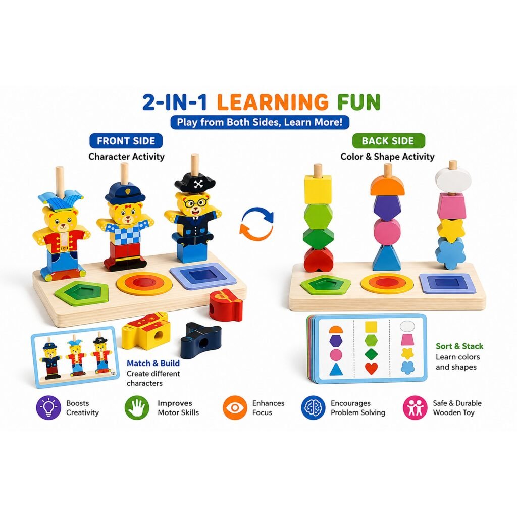 Zigbo Fun Little Bear 2-in-1 Wooden Stacking & Shape Matching Toy – 3+ Years