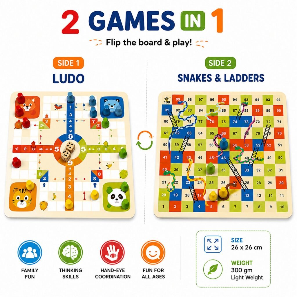 Zigbo Fun 2-in-1 Ludo & Snakes and Ladders Board Game – 26 × 26 cm