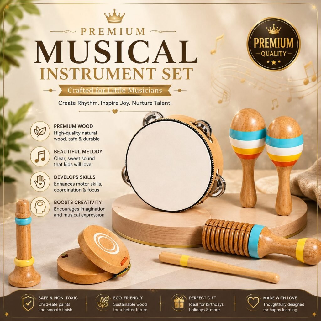 Zigbo Wooden Musical Instrument Set for Kids – 7 Piece Set