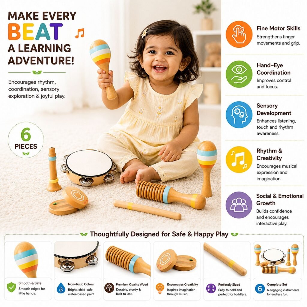 Zigbo Wooden Musical Instrument Set for Kids – 7 Piece Set