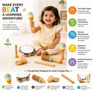 Child holding a maraca beside a wooden musical instrument set
