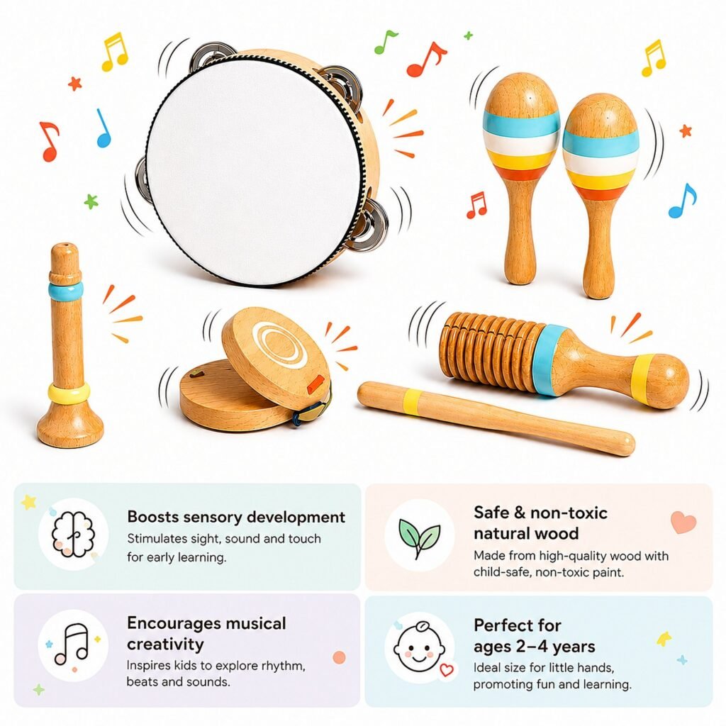 Zigbo Wooden Musical Instrument Set for Kids – 7 Piece Set