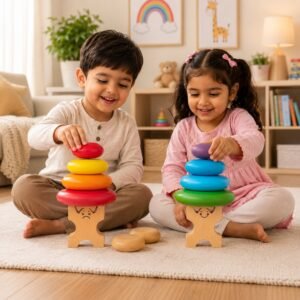 Colourful and natural wood pebble stacks with illustrated play benefits