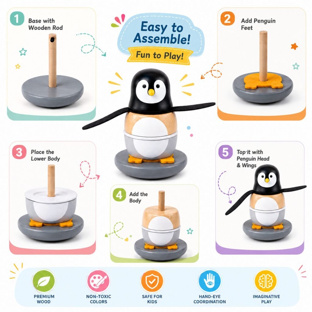 Zigbo Wooden Penguin Tumbler – Stack & Assemble Toy