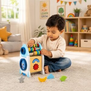 Front view of a blue and white wooden rocket shape-sorting toy